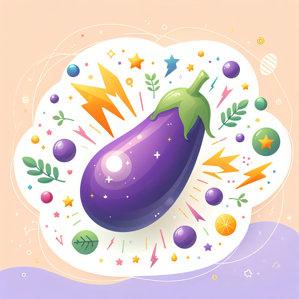 Une aubergine richement colorée au centre, entourée de petites étoiles et d'éclairs symbolisant les antioxydants et les vitamines sur un arrière-plan qui évoque la santé et le bien-être, illustrant les bienfaits nutritionnels de l'aubergine pour les bébés.