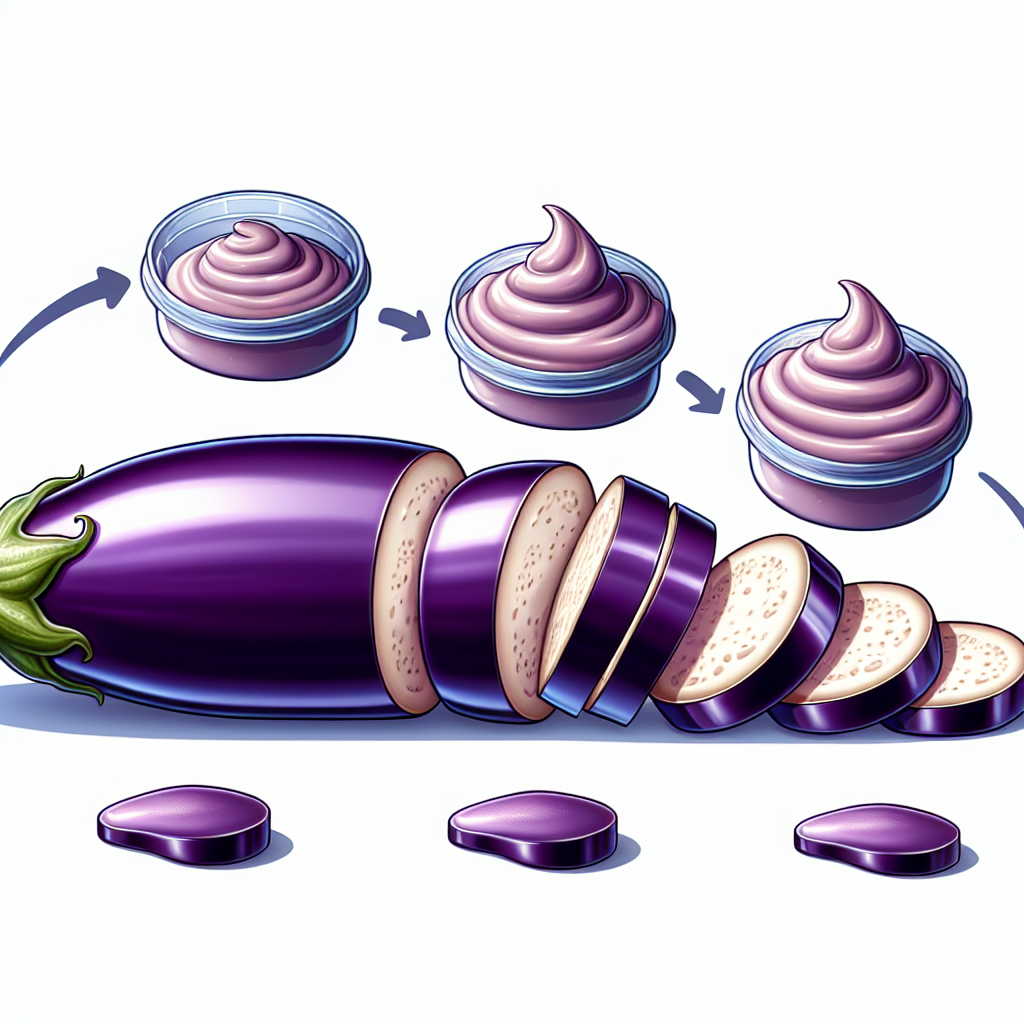 Image montrant une aubergine ferme et brillante à gauche qui se transforme progressivement en une purée lisse et homogène à droite, symbolisant la préparation de l'aubergine pour les repas de bébés.