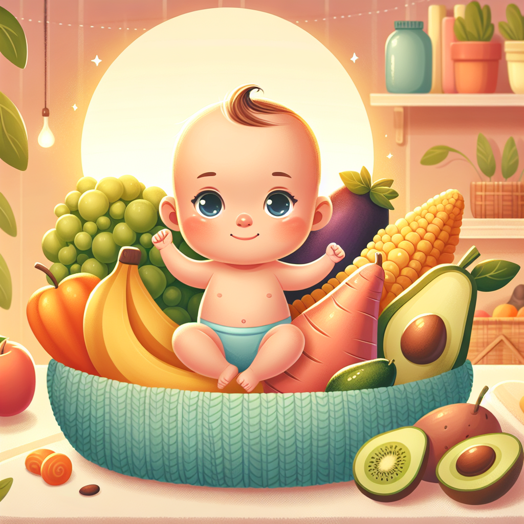 Un jeune bébé souriant, assis confortablement sur un tissu doux, entouré d'une variété de fruits et légumes colorés, symbolisant des options d'alimentation douces pour éviter la constipation.