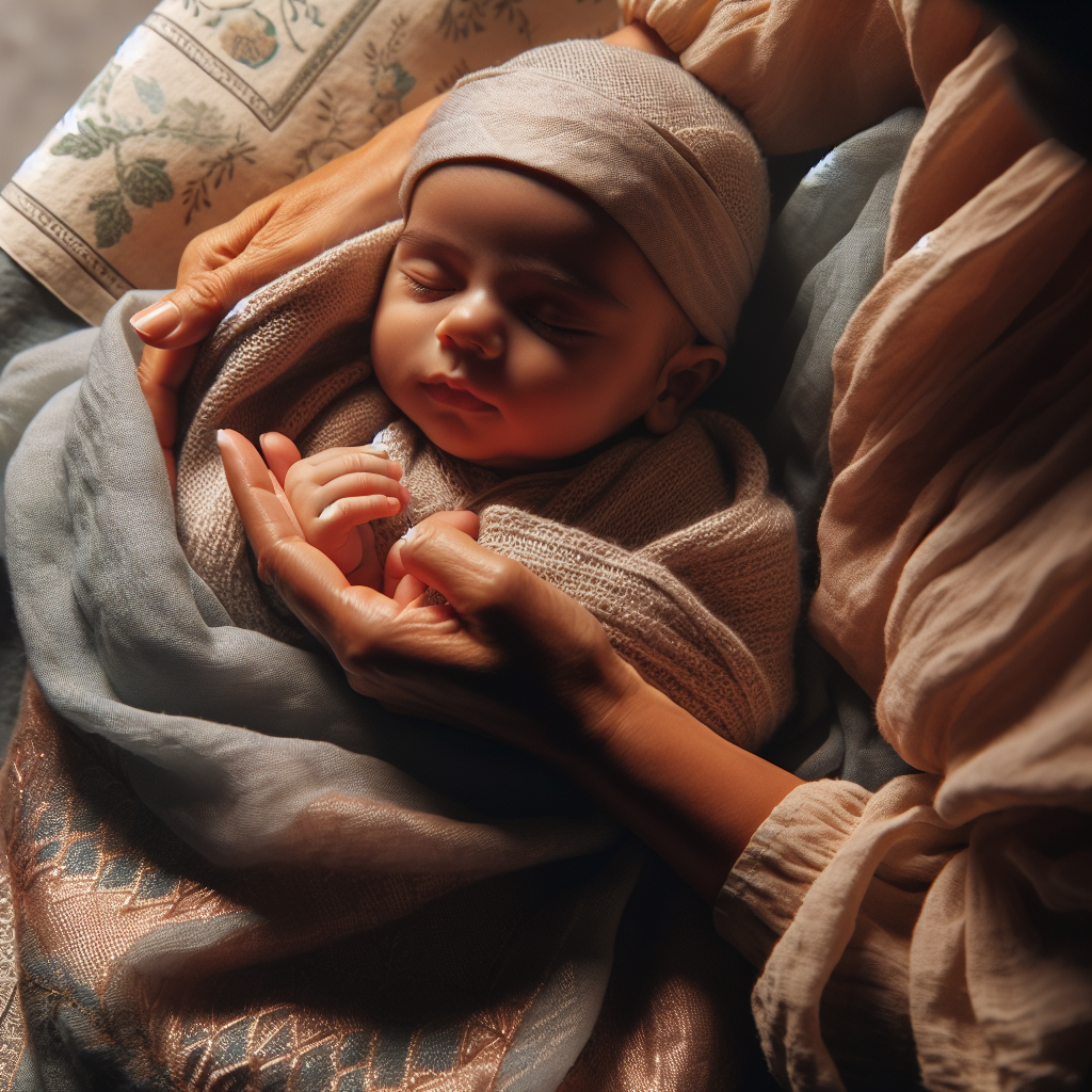 Image d'un bébé paisiblement endormi, enveloppé dans une couverture douce, dans une chambre légèrement éclairée par une veilleuse qui crée une ambiance de calme et de sérénité, symbolisant la réponse aux pleurs causés par des besoins de base ou une surstimulation.