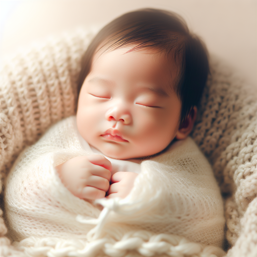 Un bébé dort paisiblement dans un berceau douillet. L'atmosphère autour illustre la tranquillité, avec une lumière douce qui suggère soit le lever du jour pour une sieste matinale soit une ambiance tamisée pour le sommeil nocturne. Cette scène inspire le calme et la sérénité, reflétant les besoins en sommeil d'un bébé.