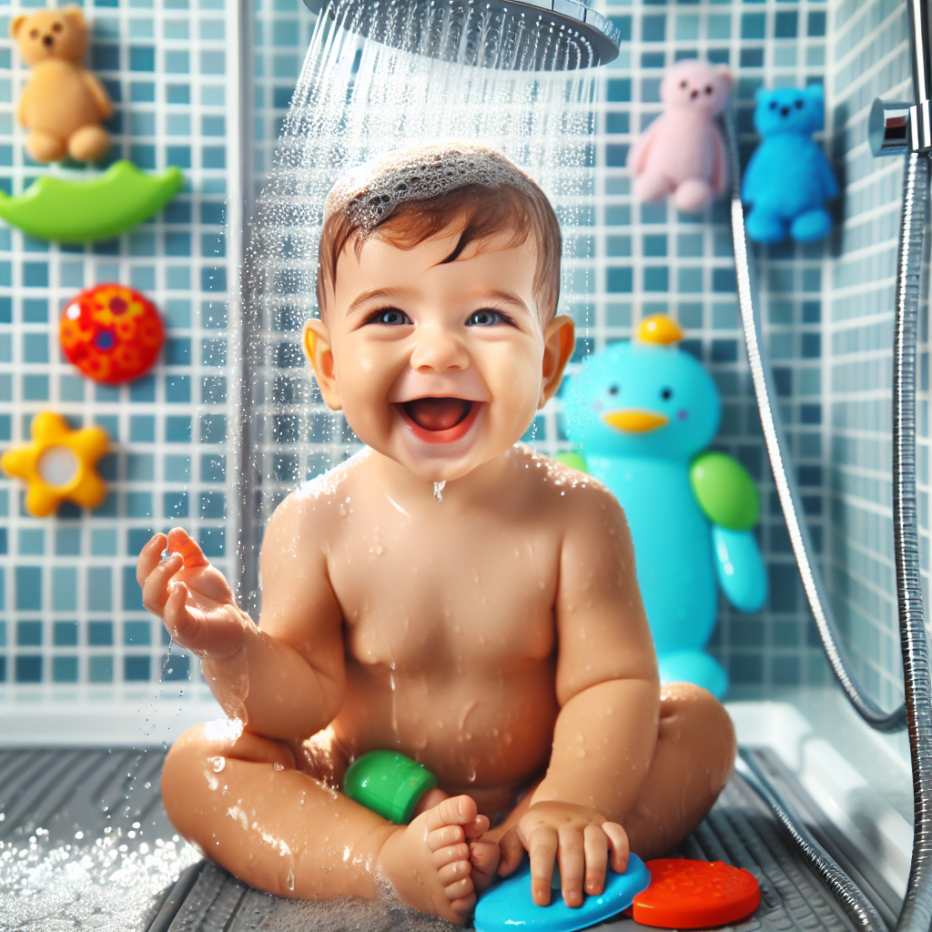 Un bébé souriant sous le jet d'eau d'une douche italienne, sécurisé par les bras de ses parents