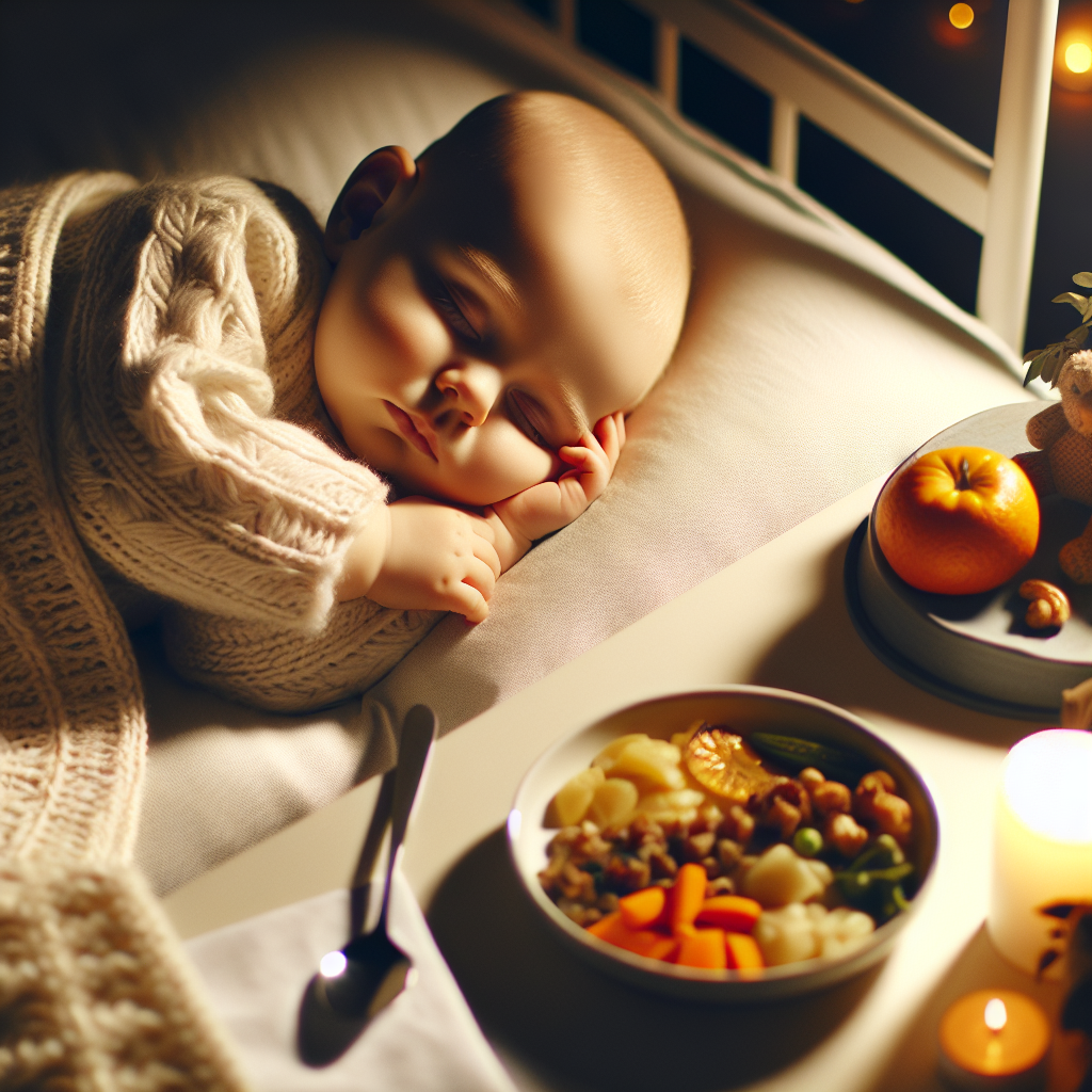 Un bébé paisiblement endormi dans son berceau à côté d'une petite assiette avec quelques restes de nourriture saine, illustrant le bien-être et la tranquillité après un repas équilibré.