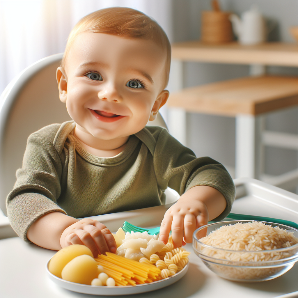 Un bébé souriant, assis dans une chaise haute, explore avec intérêt une assiette contenant une sélection colorée de féculents, telles que des pâtes, du riz et des lamelles de pommes de terre, dans une cuisine baignée d'une lumière douce qui accentue la chaleur de ce moment de découverte alimentaire.