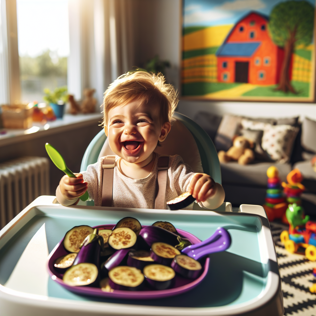 Un bébé souriant tenant une cuillerée de purée d'aubergine prête à être mangée