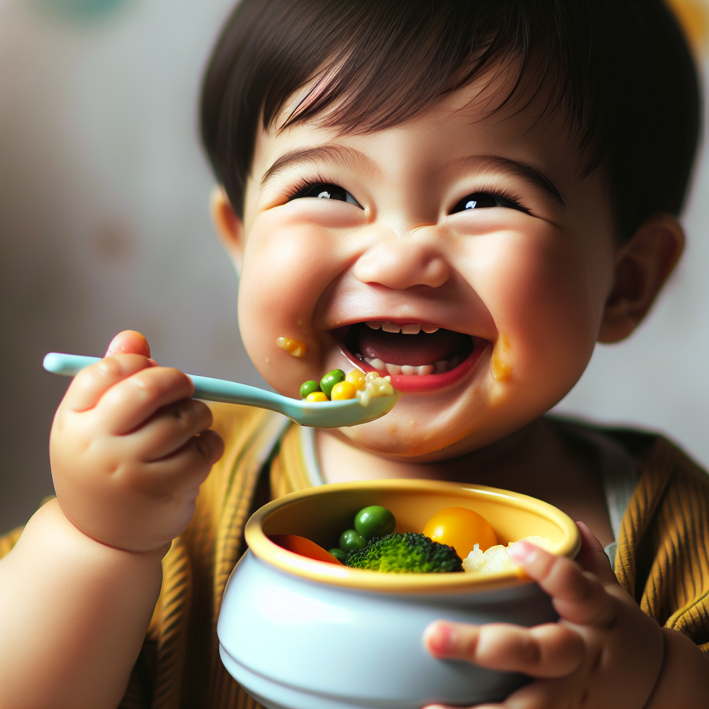 Un bébé souriant en train de manger d'un petit pot