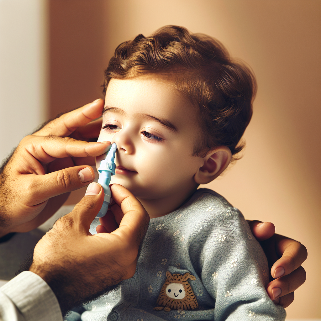 Un bébé assis confortablement dans un environnement apaisant, pendant qu'un parent utilise un mouche-bébé pour soigner doucement son nez à l'aide d'une solution saline, illustrant le mouchage naturel.