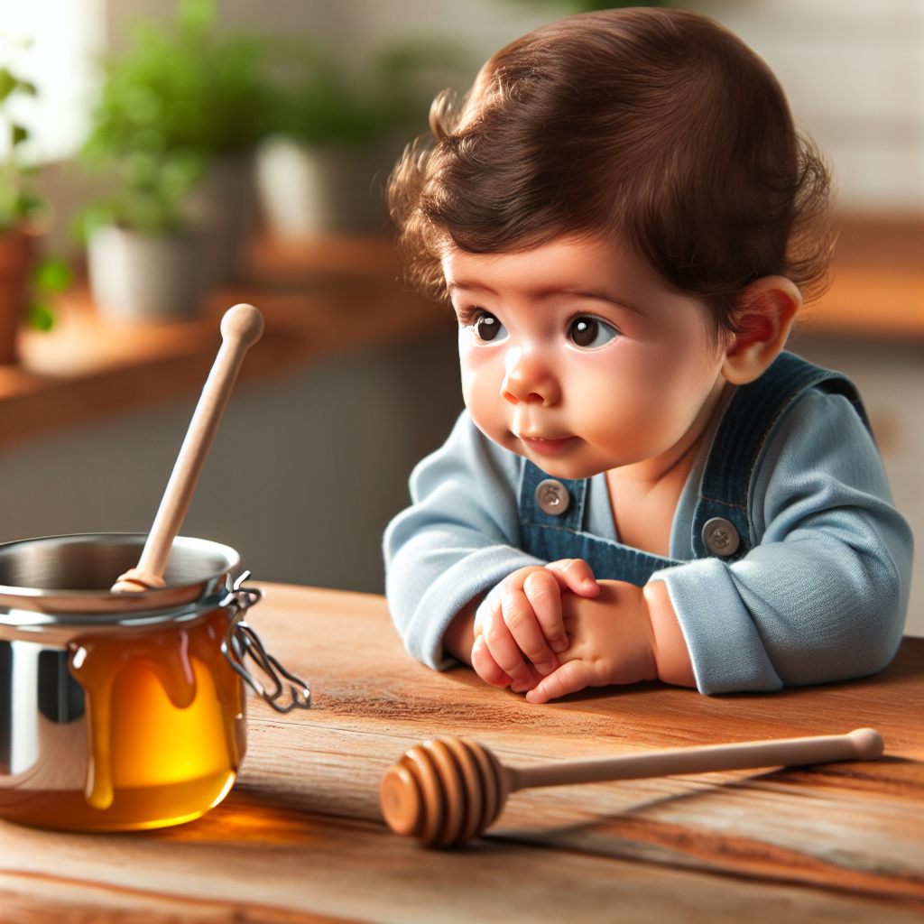 Un bébé curieux regarde un pot de miel mais ne peut pas y goûter