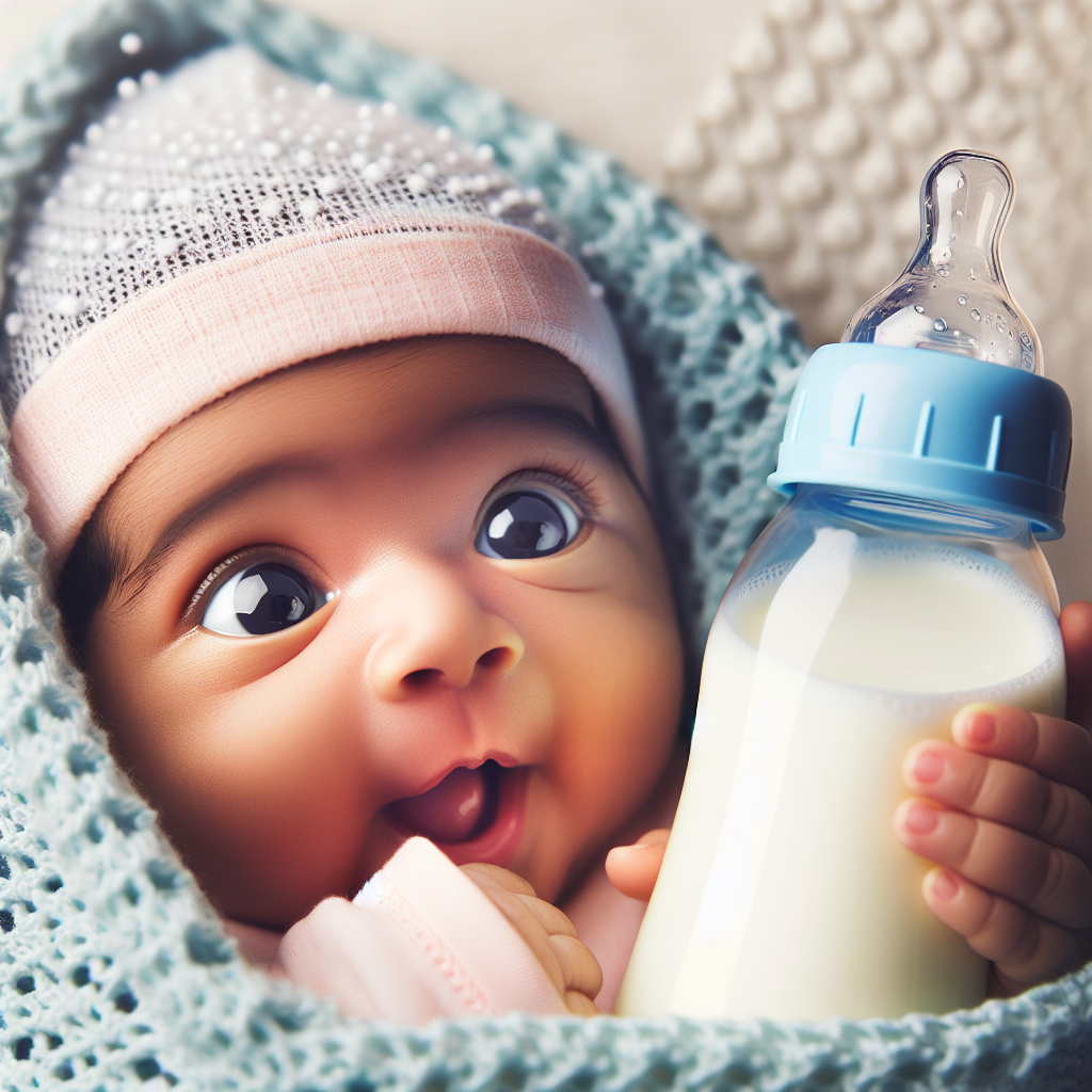 Un bébé souriant en train de boire son premier biberon tenu par la main d'un adulte