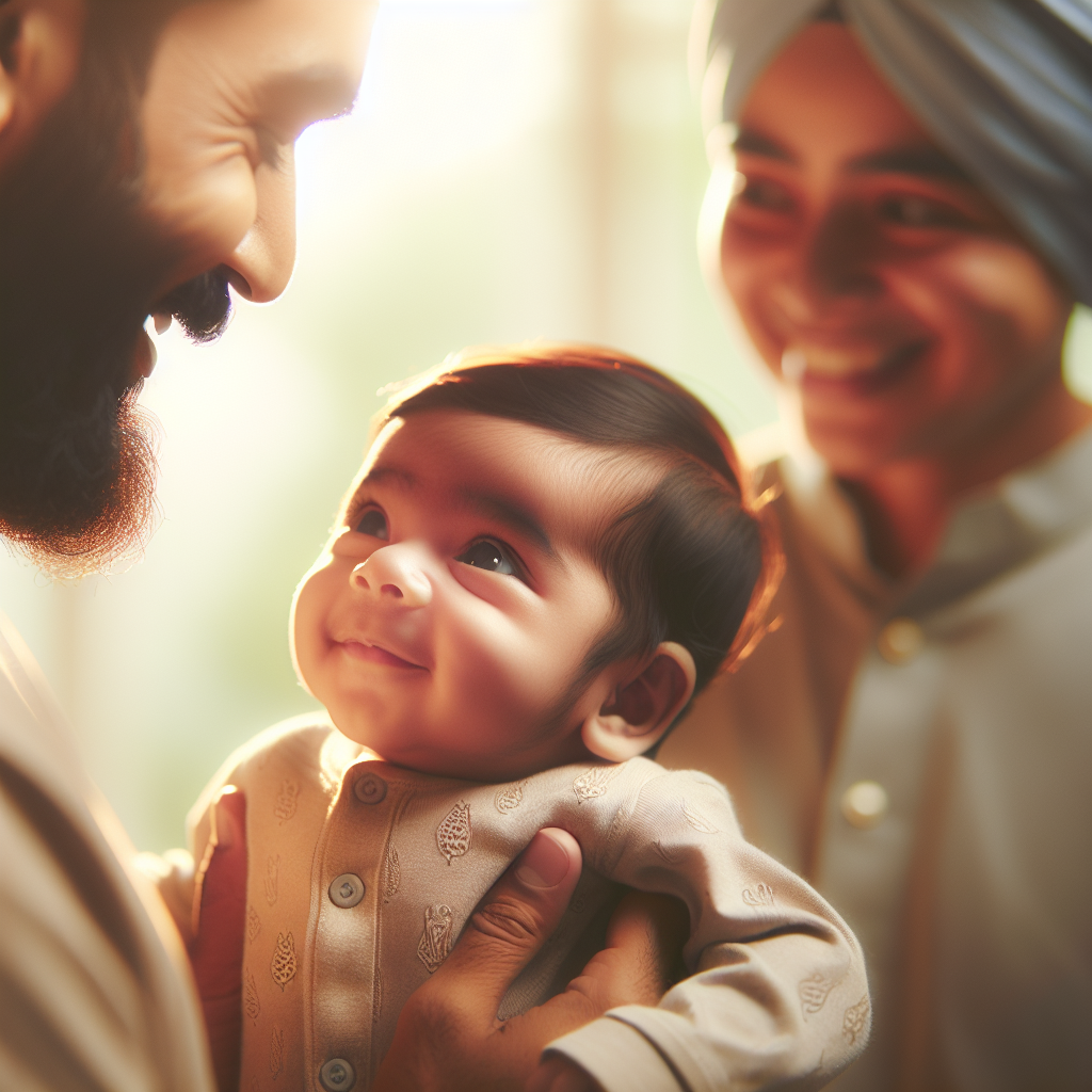 Un bébé de deux à trois mois souriant joyeusement à ses parents, qui le regardent avec amour et tendresse. L'image capture l'instant magique où le bébé sourit pour la première fois dans une ambiance chaleureuse et familiale.