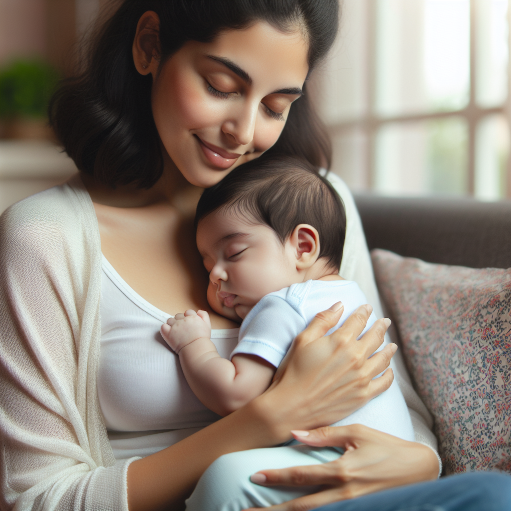 Une mère tenant doucement son bébé contre elle et tapotant son dos pour l'aider à roter après l'allaitement, dégageant une atmosphère de calme et de tendresse.