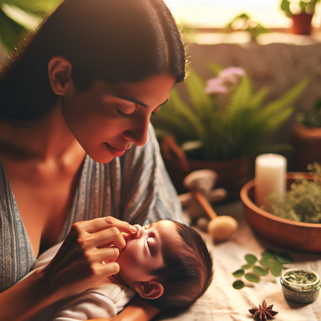 Une maman doucement en train de nettoyer le nez de son bébé avec la douceur d'éléments naturels comme des herbes et des plantes autour d'eux, le tout dans une pièce baignée de lumière douce, évoquant la chaleur et la sécurité des soins naturels.