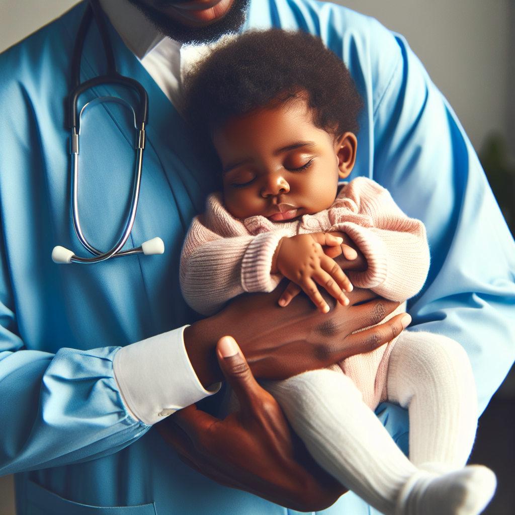 Un professionnel de la santé tenant un bébé avec douceur dans un environnement calme et sécurisant, symbolisant les soins attentifs et les vaccinations pour les jeunes enfants.