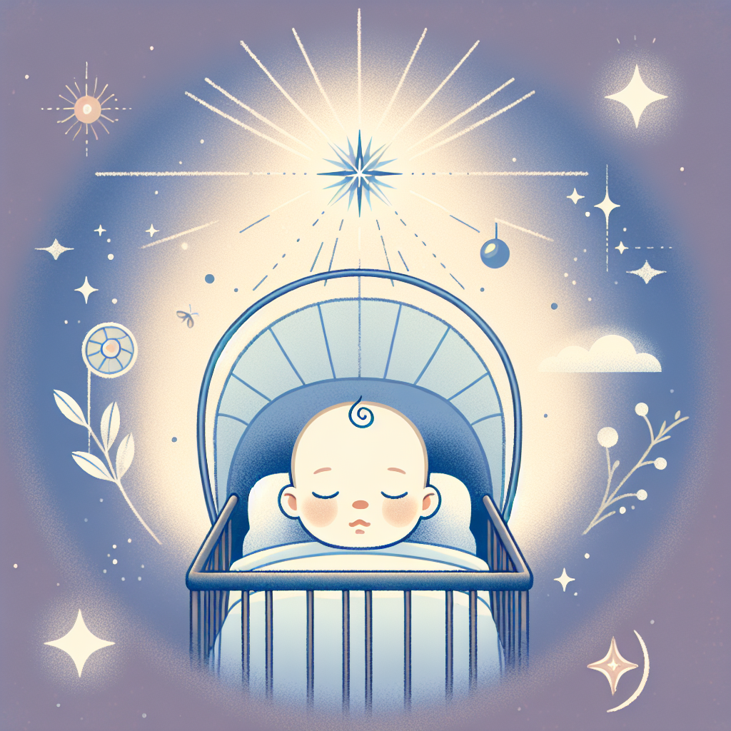 Un bébé dort paisiblement dans son berceau sous une lumière douce et entouré d'étoiles, symbolisant un sommeil serein malgré les sursauts.