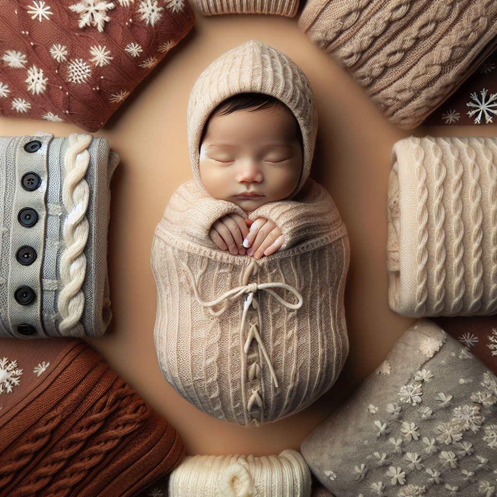 Un bébé bien au chaud dans des sous-vêtements thermiques, entouré de divers tissus doux, avec des motifs de flocons de neige en arrière-plan, évoquant un sentiment de confort et de chaleur dans un contexte hivernal.