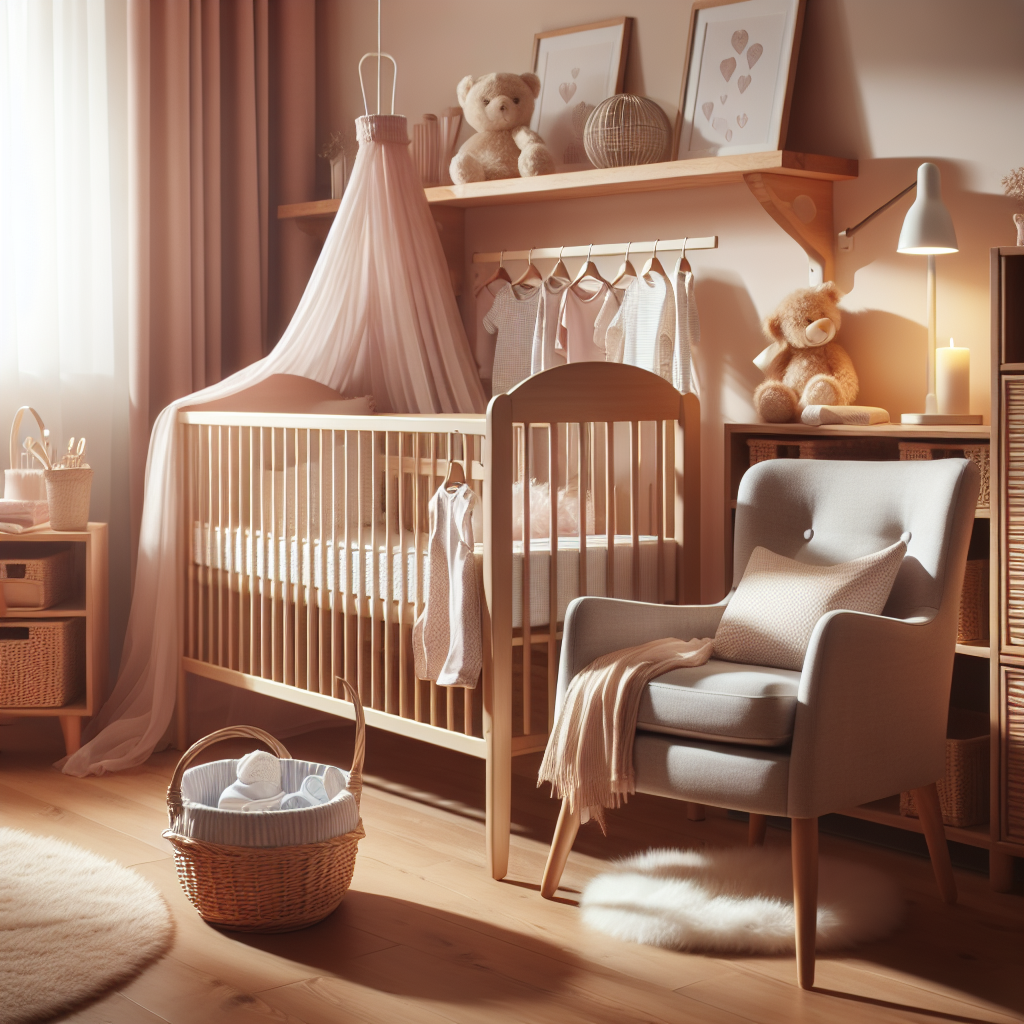 Boudoir pour bébé composé d'un lit bébé avec un matelas confortable, d'un espace de rangement pour les vêtements et accessoires du bébé et d'une chaise confortable pour l'adulte, le tout dans une atmosphère chaleureuse et accueillante.