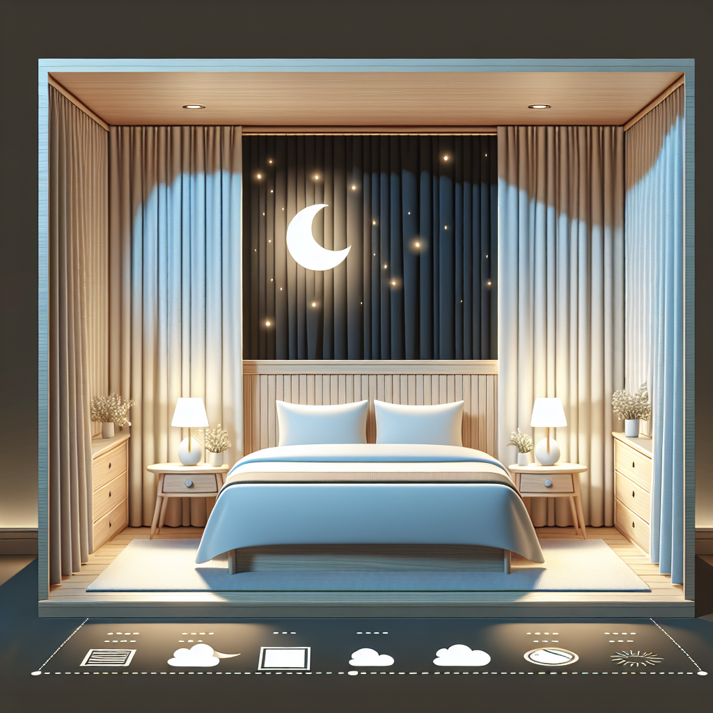 Une chambre calme et sombre montrant un lit équipé d'un bon matelas et de draps doux. Des rideaux occultants bloquent la lumière extérieure, tandis qu'une veilleuse diffuse une lumière douce, créant une atmosphère apaisante pour le sommeil.