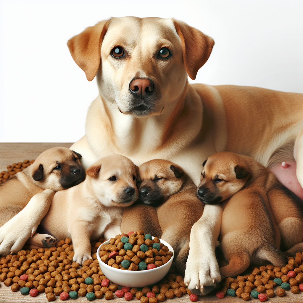 Une chienne allaitant ses chiots, entourée par une variété d'aliments pour chiots riches en protéines, graisses, vitamines et minéraux, illustrant le soutien nutritionnel nécessaire pour leur croissance.