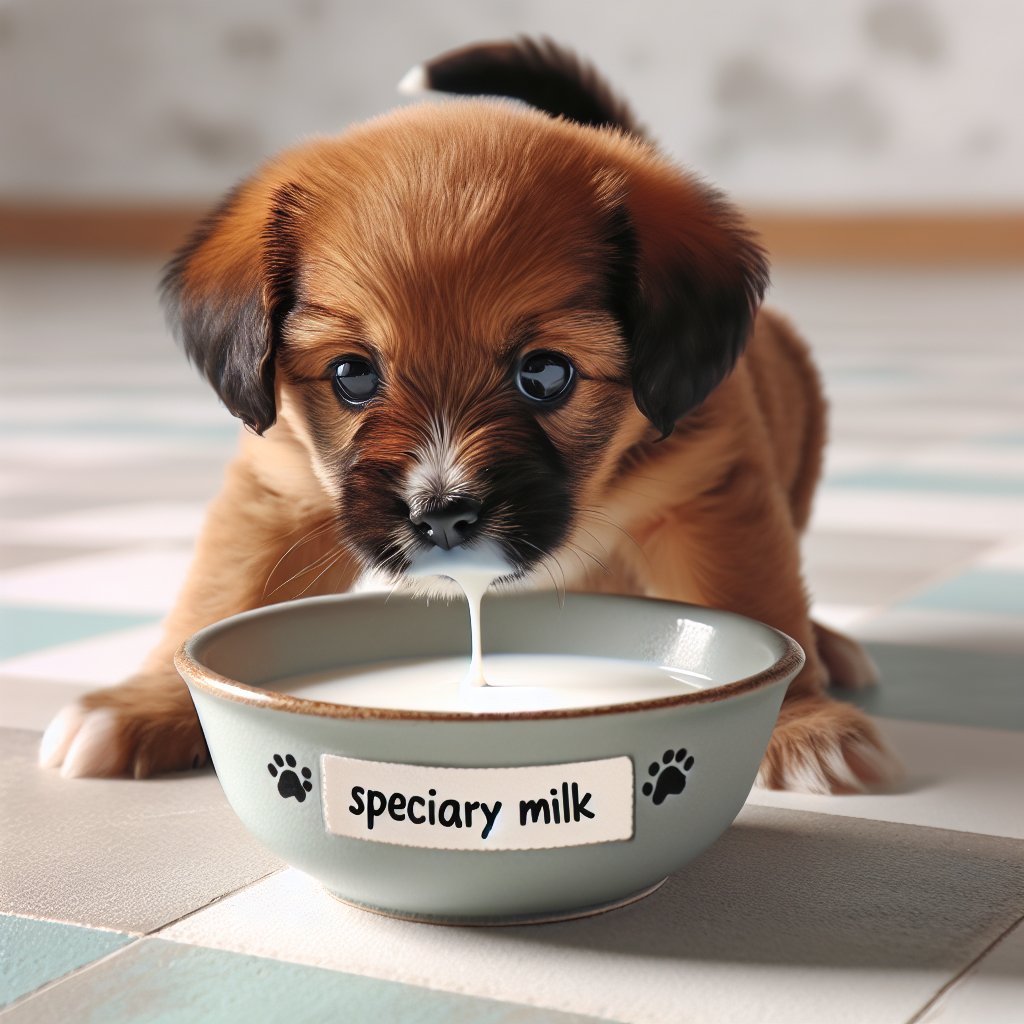 Un chiot buvant du lait à partir d'une bouteille spécialement conçue pour lui