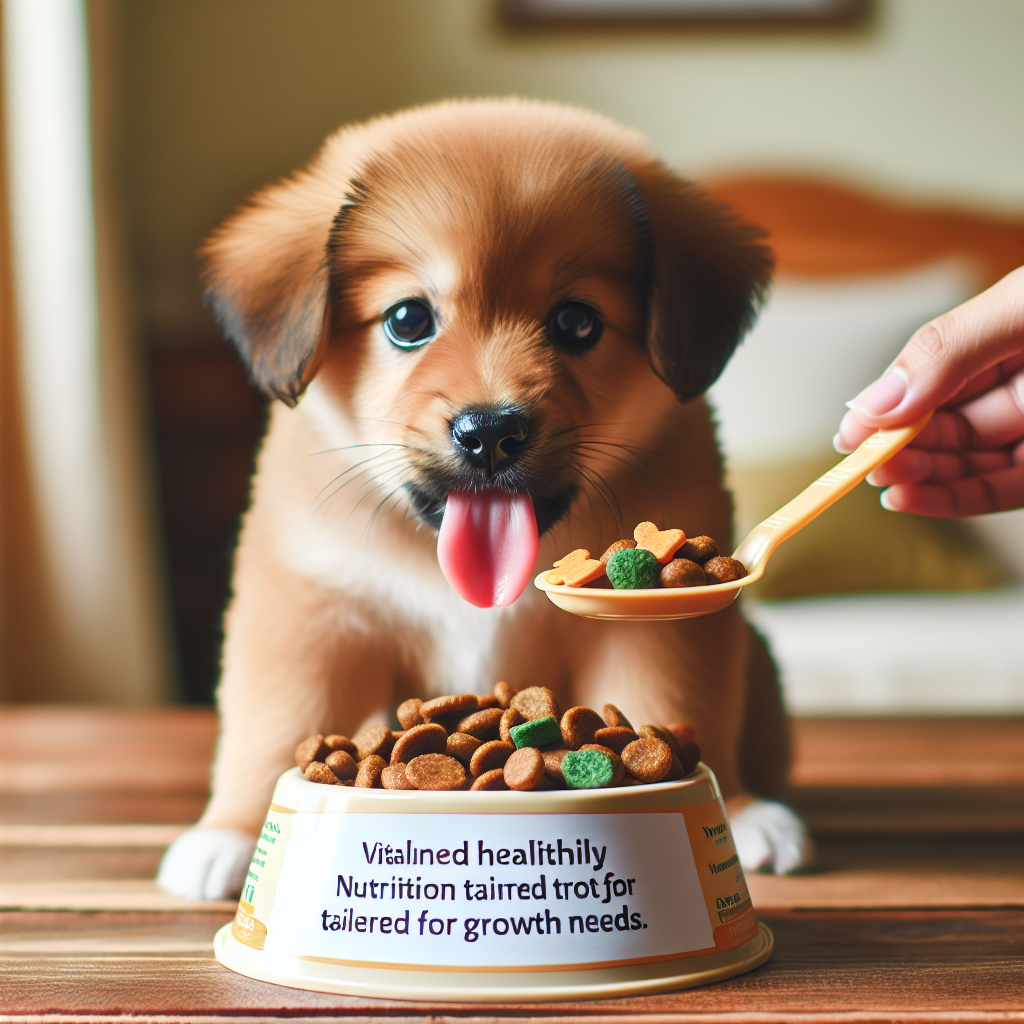 Un chiot énergique mangeant joyeusement dans une gamelle remplie de nourriture équilibrée pour chiot, soulignant l'importance d'une alimentation spécifique pour son développement.