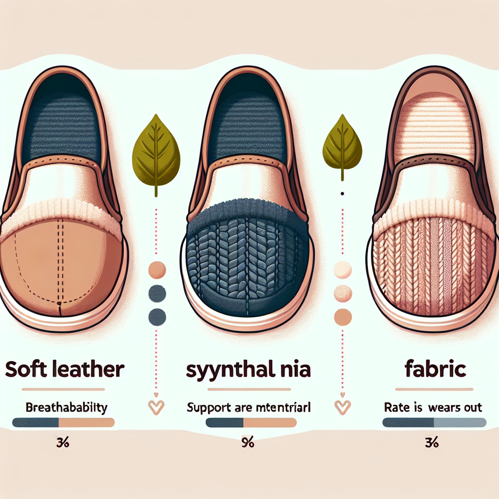 Trois paires de chaussons sont présentées côte à côte : à gauche, des chaussons en cuir souple, au milieu, des chaussons en plastiques et synthétiques, et à droite, des chaussons en textiles. Le cuir souple semble robuste et élégant, les synthétiques paraissent moins respirables et les textiles ont l'air confortables mais moins durables.