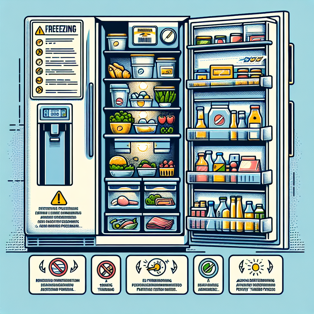 Une image d'un réfrigérateur ouvert bien organisé avec des aliments correctement emballés et étiquetés dans des compartiments séparés. Une section du réfrigérateur est dédiée à la décongélation sécuritaire des aliments, avec une icône d'alerte symbolisant le danger de recongeler des aliments déjà décongelés.