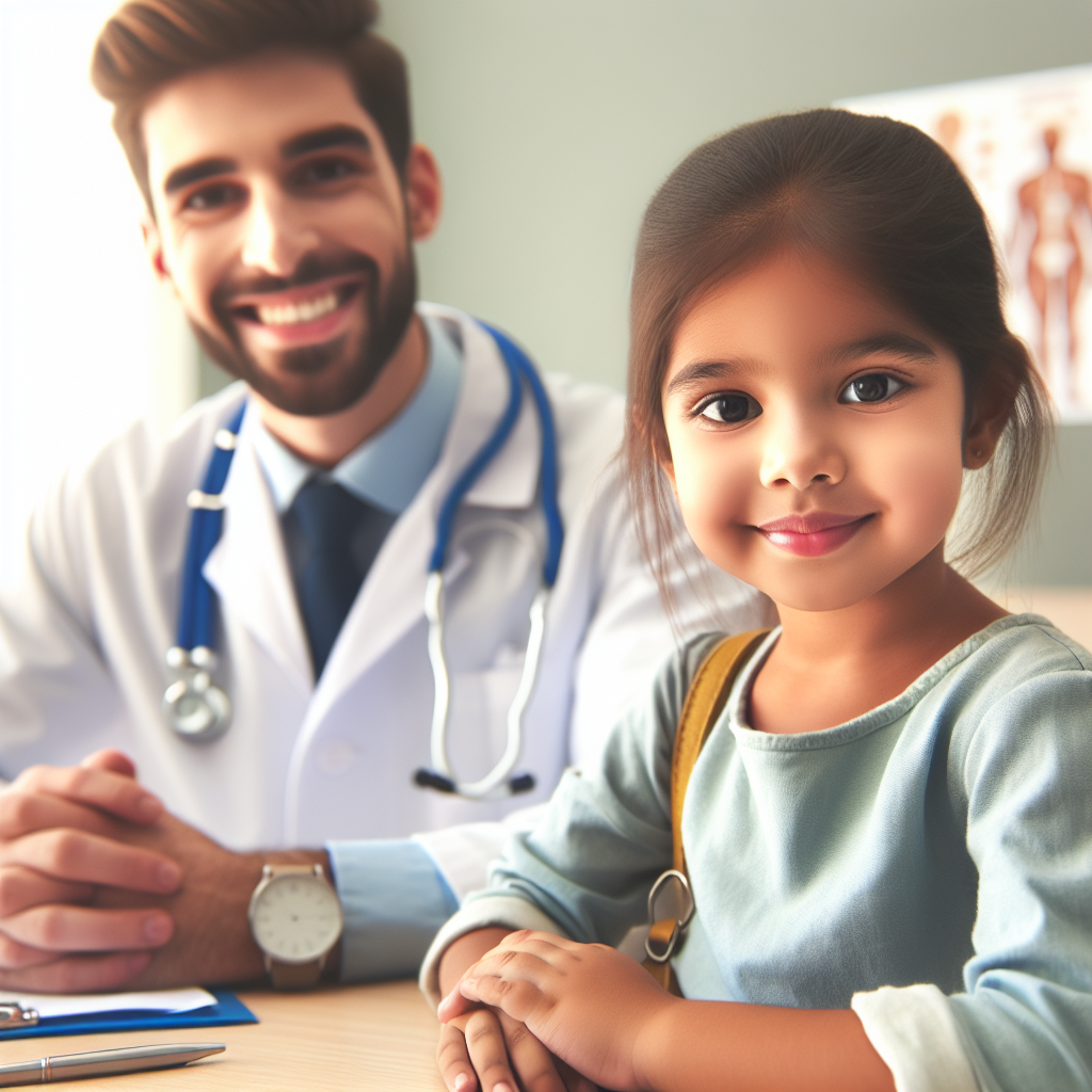 Image illustrant un enfant accompagné d'un parent dans un bureau de santé, tous deux affichant une expression sereine et positive. Ils semblent être dans une interaction rassurante avec un professionnel de santé, évoquant une consultation bienveillante et attentive à leur bien-être.