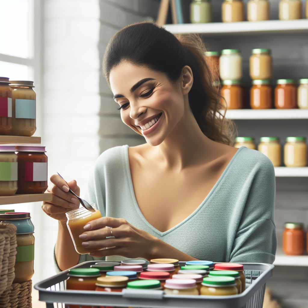 Une image montrant une cuisine bien rangée et chaleureuse avec un parent qui sélectionne un petit pot Blédina d'une étagère organisée, prêt à préparer un repas pour son bébé. L'ambiance est accueillante, mettant en avant l'organisation et la préparation des repas pour enfant.