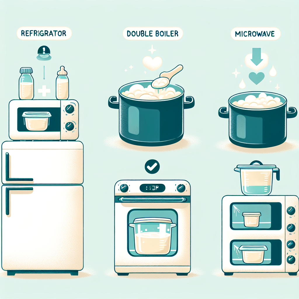 Trois méthodes pour décongeler la purée de bébé sont illustrées côte à côte. À gauche, un réfrigérateur ouvert avec un contenant de purée à l'intérieur, signe d'une décongélation lente et sûre. Au centre, une casserole d'eau chaude sur une cuisinière avec un petit pot de purée dedans pour un bain-marie doux. À droite, un micro-ondes avec la porte ouverte et un contenant de purée à l'intérieur, indiquant une méthode rapide avec un soin particulier pour remuer et éviter les points chauds.