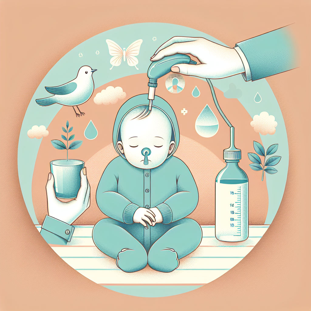 Une illustration montrant d'un côté, une main tenant un flacon de sérum physiologique prêt à être administré dans le nez d'un bébé, et de l'autre côté, un mouche-bébé posé à côté d'un autre bébé, le tout dans un cadre chaleureux et rassurant.