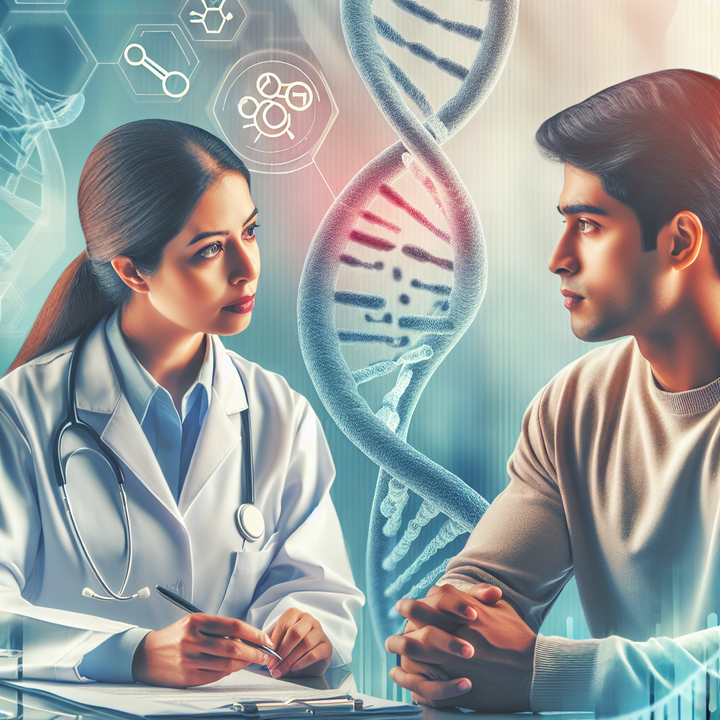 Image conceptuelle montrant un pédiatre expliquant l'importance des tests génétiques à un parent, dans un cadre clinique, avec des symboles d'ADN et de chromosomes en arrière-plan, symbolisant la détection de la trisomie 21.