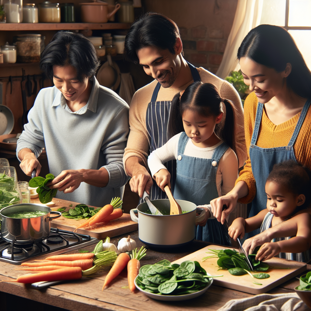 Une famille prépare un repas sain en incorporant de l'épinard bébé à leur recette