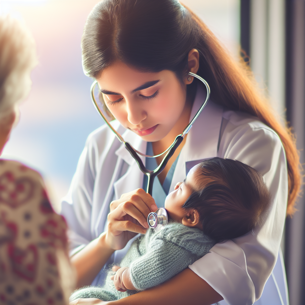 Image d'un médecin pédiatre écoutant le dos d'un bébé avec un stéthoscope, tandis que le bébé est tenu dans les bras de sa mère. La scène se déroule dans une pièce lumineuse et accueillante, symbolisant la bienveillance et la prise en charge attentive des symptômes de toux chez le bébé.