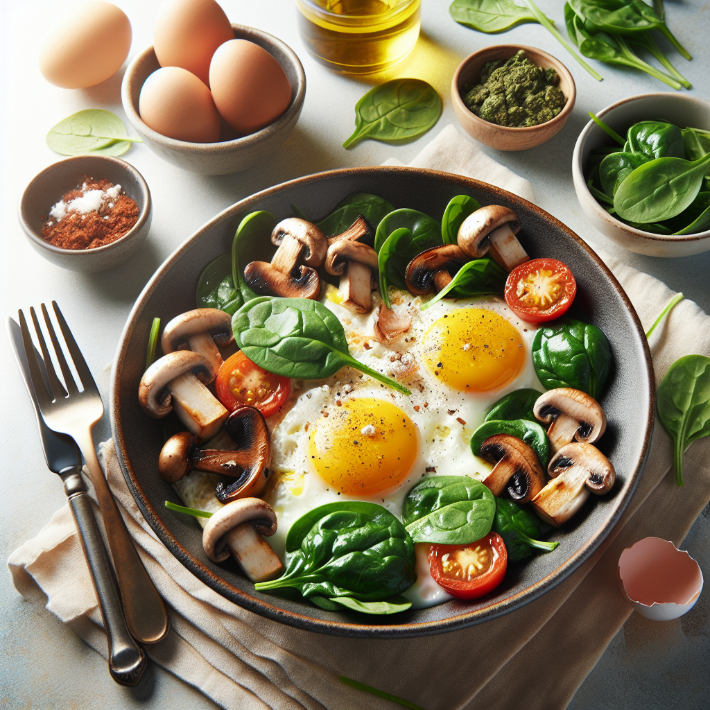 Un plat de petit-déjeuner composé d'œufs brouillés moelleux garnis de tendres feuilles d'épinard et de tranches de champignons frais, servi dans une assiette blanche qui repose sur une table en bois clair éclairée par la douce lumière du matin.