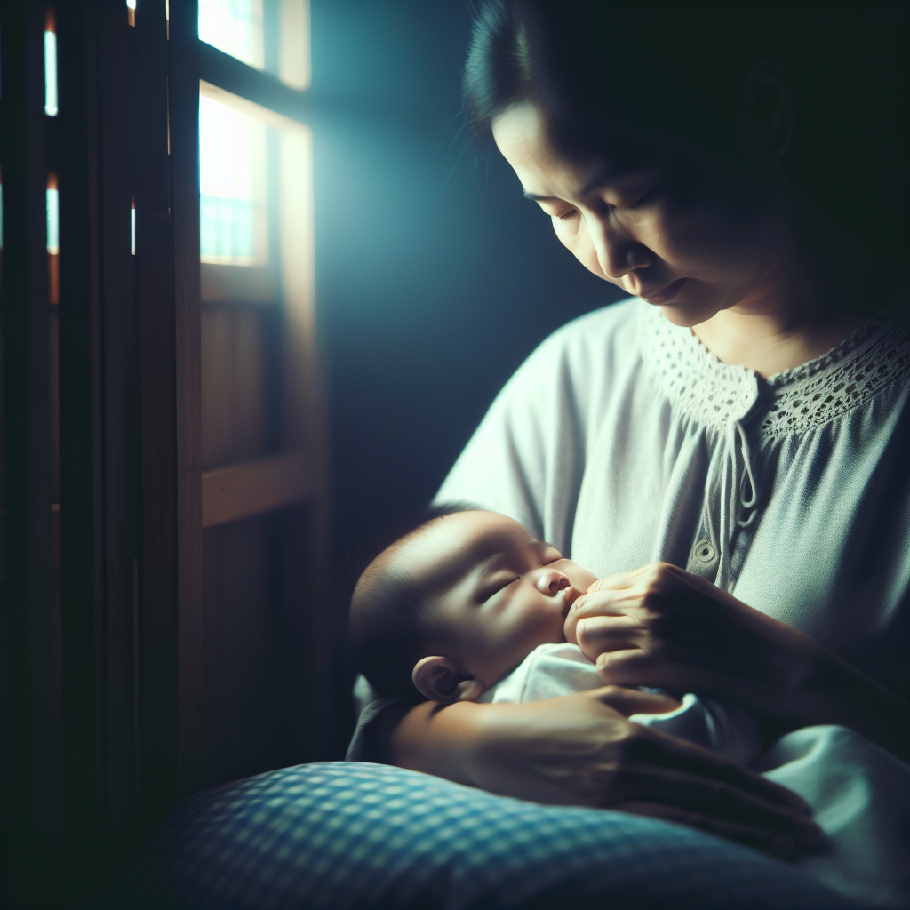 Un parent tenant son bébé endormi dans ses bras dans une chambre faiblement éclairée, en train de le nourrir doucement avec un biberon sans le réveiller, illustrant la technique du 'Dream Feed'.