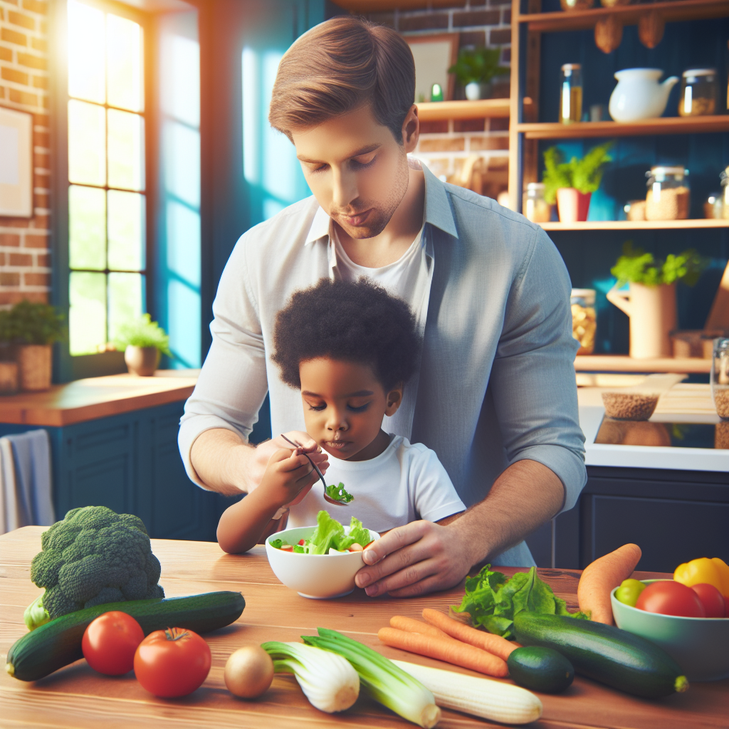 Un parent observant attentivement son enfant en train de goûter divers légumes dans une cuisine ensoleillée, symbolisant la vigilance à la réponse digestive de l'enfant. La table est garnie de légumes frais et colorés, créant une atmosphère chaleureuse et accueillante.