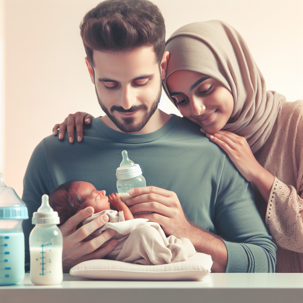 Nouveaux parents délicatement en train de nourrir leur bébé prématuré avec une petite bouteille de lait, dans une chambre paisible et éclairée doucement, symbolisant amour, soin et attention.