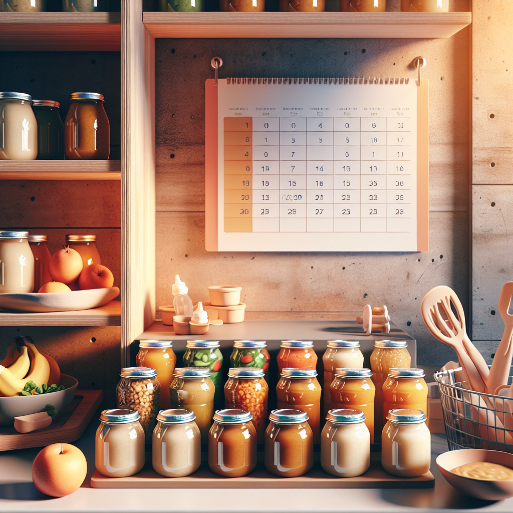 Des petits pots pour bébé industriels alignés sur une étagère d'une cuisine moderne avec un calendrier en arrière-plan. La scène baigne dans une lumière naturelle apaisante, évoquant la praticité et une alimentation saine pour les nourrissons.