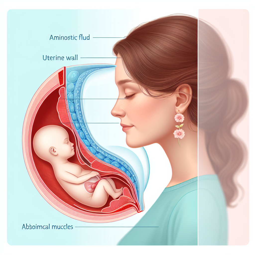 Illustration montrant une coupe latérale d'une femme enceinte avec des superpositions semi-transparentes indiquant le liquide amniotique entourant le bébé, la paroi utérine robuste et les muscles abdominaux, illustrant la protection naturelle offerte par le corps de la femme à l'enfant à naître.