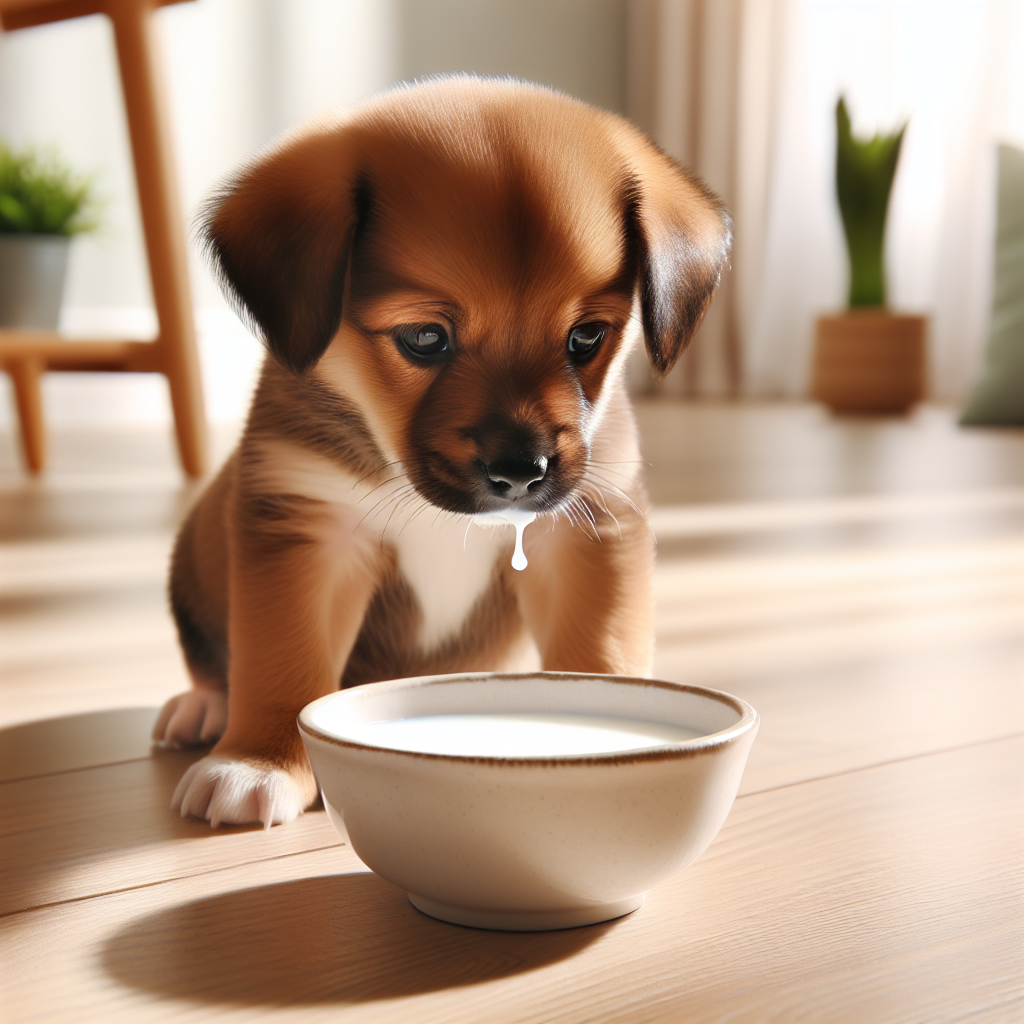 Un chiot en train de boire du lait spécifiquement formulé pour les chiens.