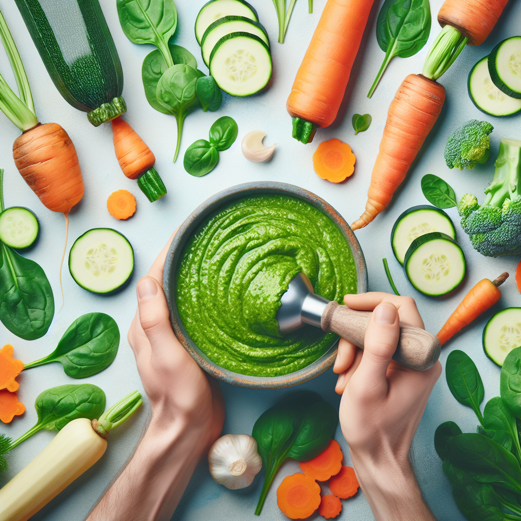 Une assiette contenant une purée fine faite à partir d'un mélange de carottes, courgettes et épinards, soulignant la richesse en nutriments et vitamines pour une alimentation saine.