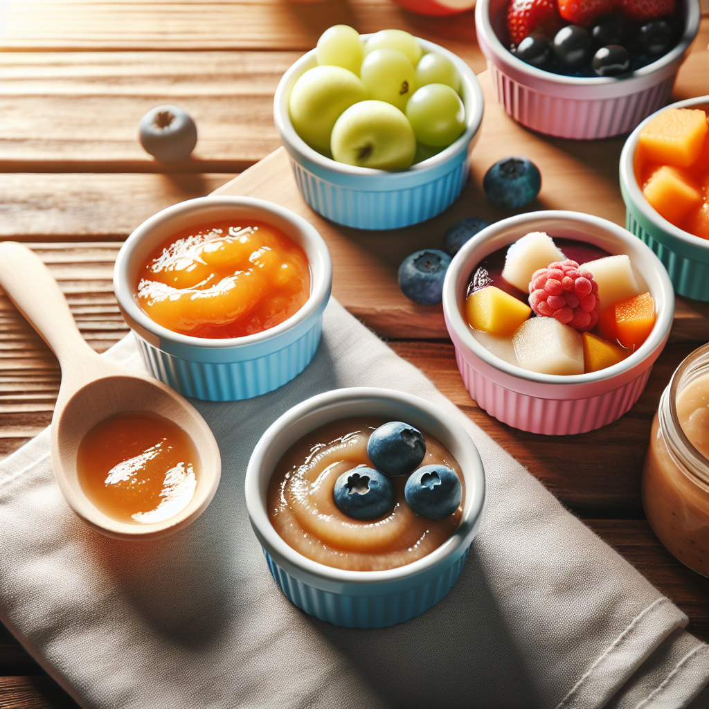 Assortiment de purées de fruits naturelles de différentes couleurs dans de petits bols sur une table en bois, avec une cuillère pour bébés à côté, évoquant une nutrition douce et saine pour les bébés.