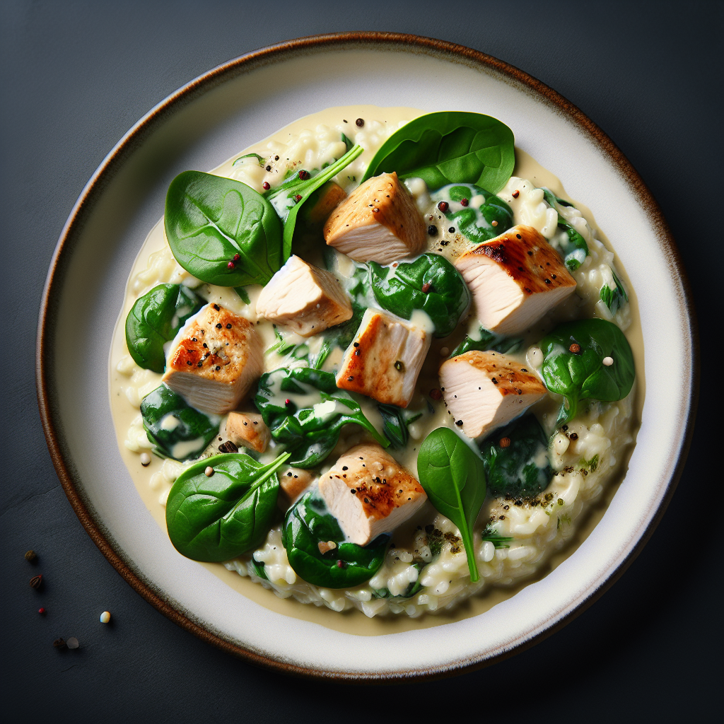 Un plat de risotto crémeux garni d'épinard bébé et de morceaux de poulet, présenté de manière élégante