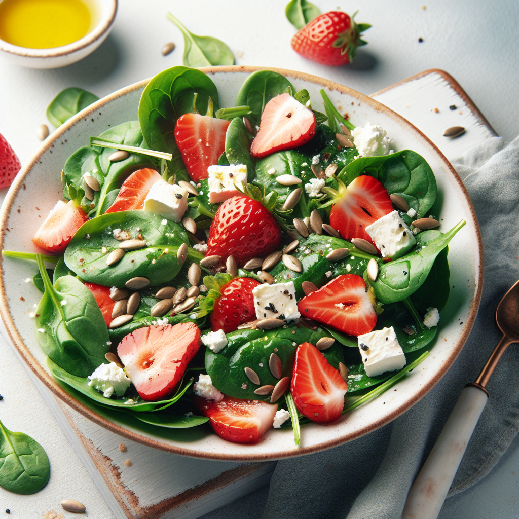 Une salade lumineuse et colorée composée d'épinard bébé tendre, de fraises douces, de morceaux de feta savoureux, le tout arrosé d'un filet d'huile d'olive et parsemé de graines de tournesol croquantes.