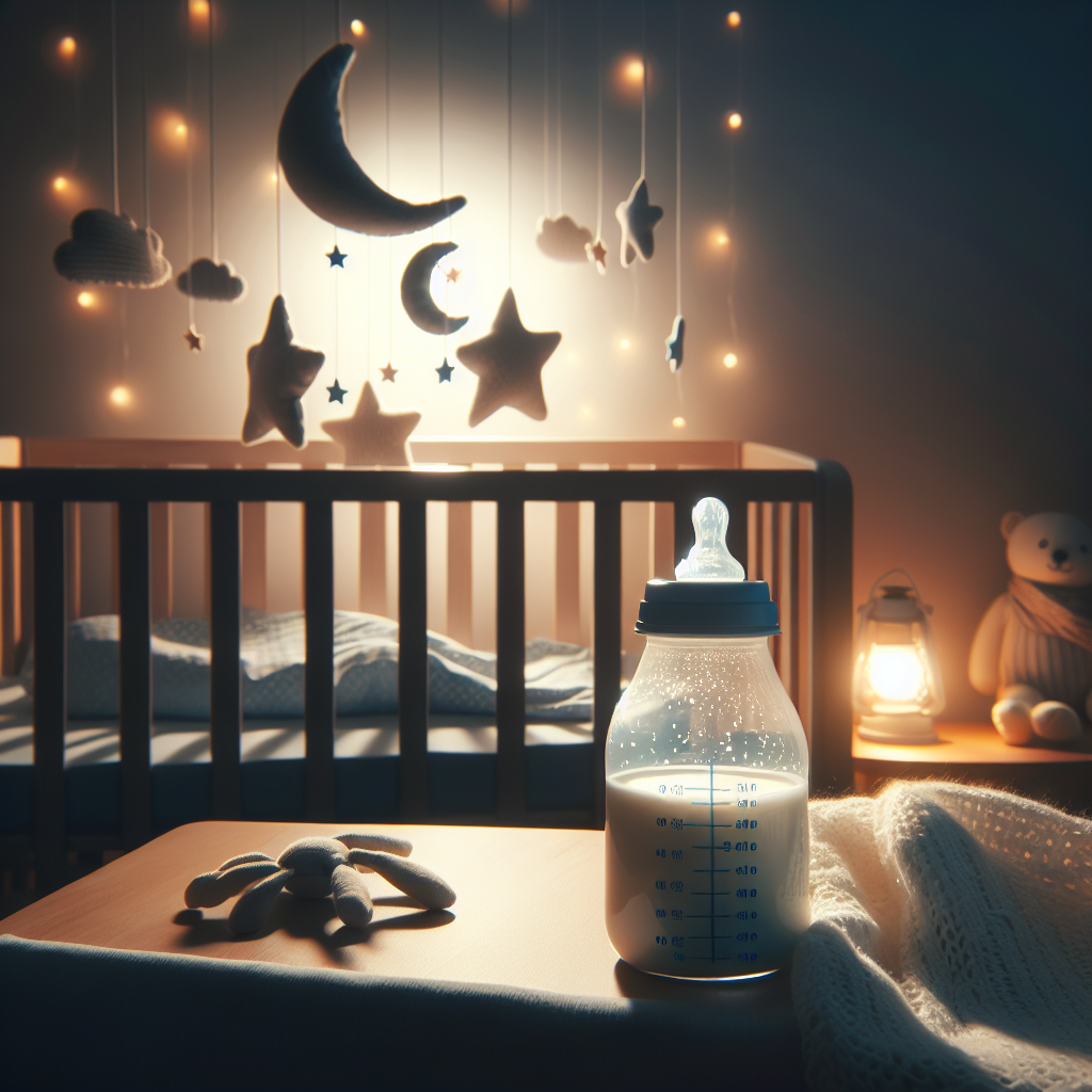 Une chambre de bébé la nuit avec une bouteille de lait à côté d'un berceau. La chambre est éclairée par une douce lumière qui crée une atmosphère apaisante, suggérant un environnement calme pour le sommeil du bébé. Des couvertures douces, un mobile aux motifs d'animaux ou d'étoiles et une ambiance sereine complètent la scène, illustrant l'effet calmant des aliments sur le sommeil de bébé.