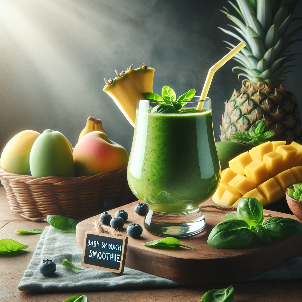 Un grand verre de smoothie vert lumineux, rempli à ras bord, entouré de tranches de banane, cubes de mangue, et morceaux d'ananas sur une table en bois. La lumière du soleil baigne la scène, mettant en évidence la texture onctueuse du smoothie et les couleurs vives des fruits.