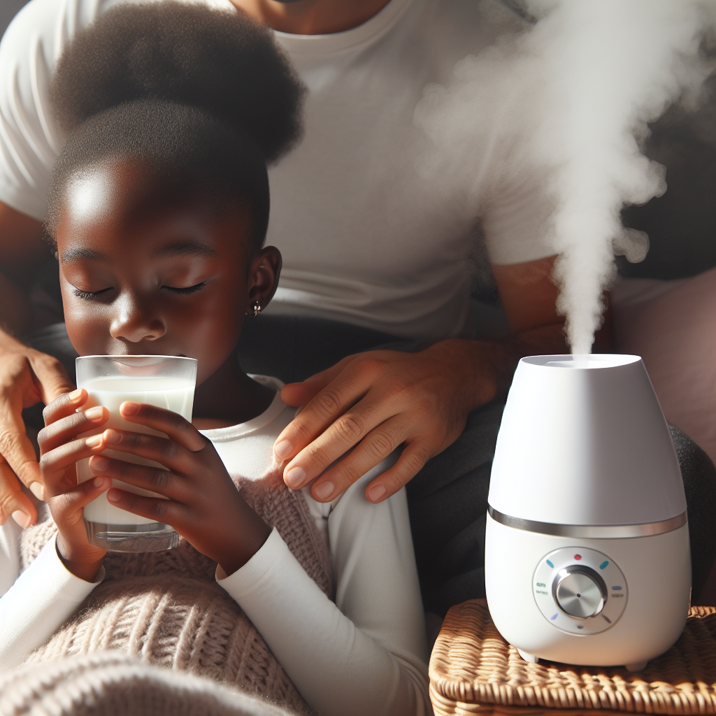 Image montrant un intérieur calme où un enfant boit paisiblement tandis qu'un adulte lui fait un massage doux du visage, avec un humidificateur en arrière-plan diffusant de la vapeur pour maintenir l'air humide.