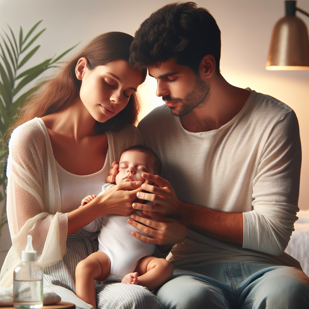 Image montrant des parents utilisant des techniques naturelles pour déboucher le nez de leur bébé, avec un environnement rempli de douceur et d'éléments naturels, symbolisant l'attention et le soin parental.