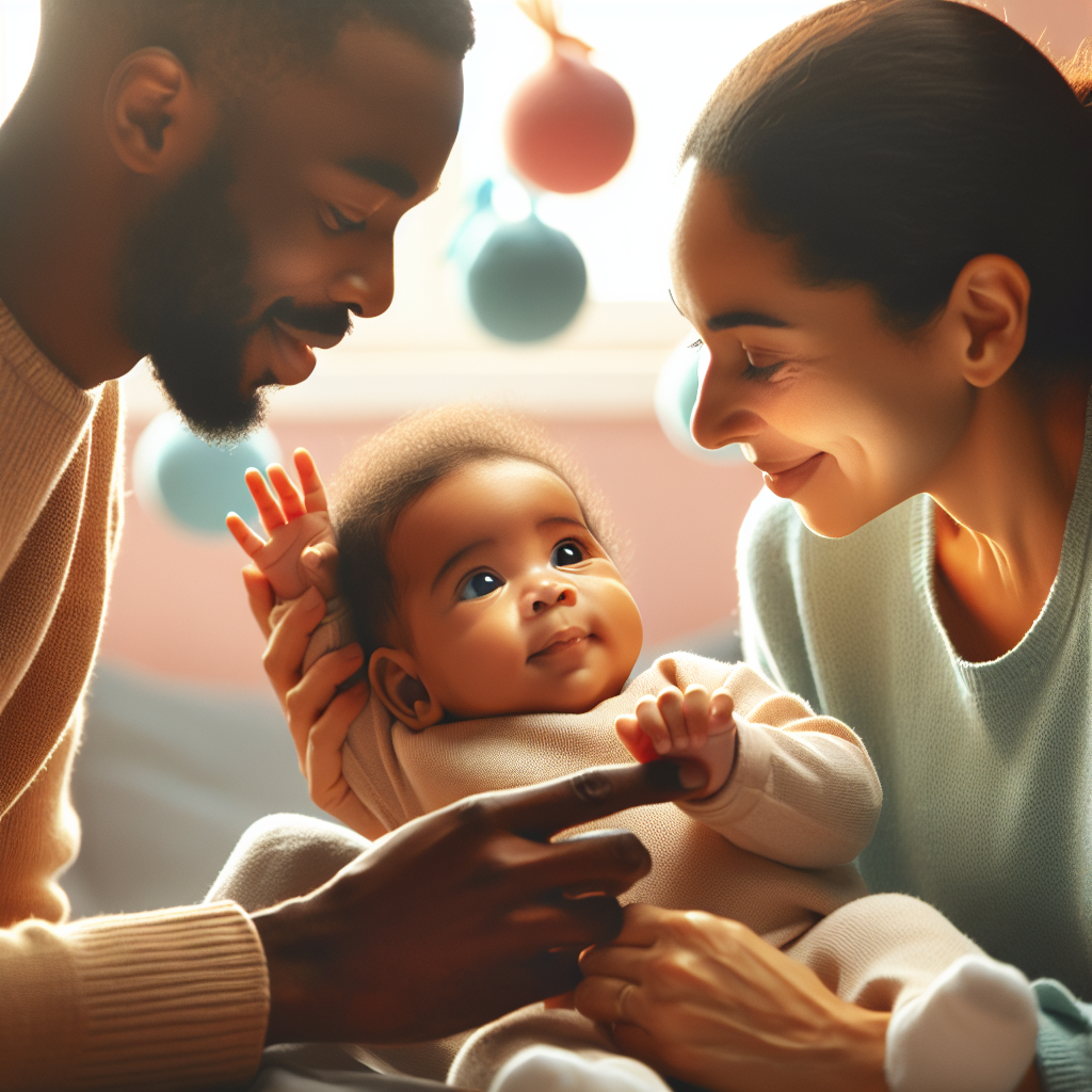 Un bébé tend les bras vers ses parents dans une pièce lumineuse et colorée remplie de jouets éducatifs, illustrant le lien affectif fort et l'environnement sécurisant offert par le soutien parental pour encourager l'expression des besoins et désirs du bébé, ainsi que son développement social et émotionnel.