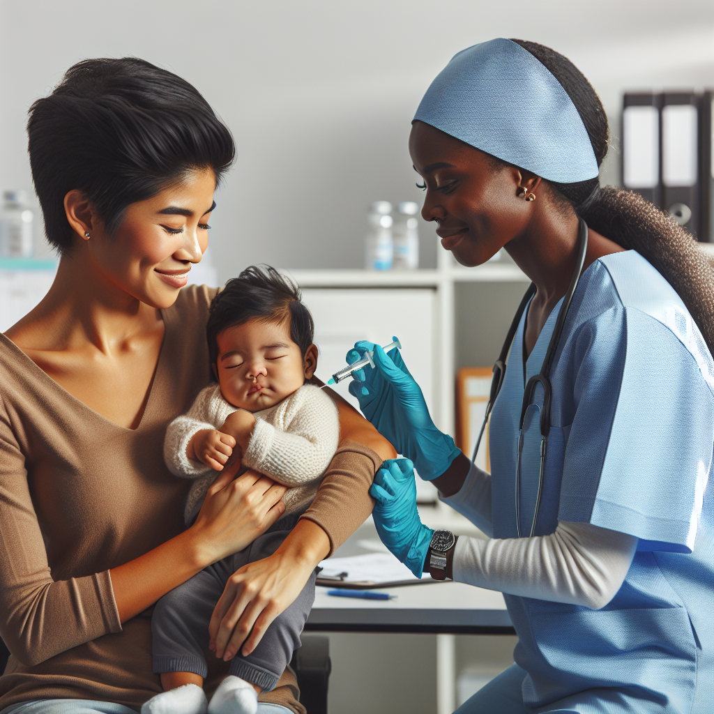 Une infirmière pédiatrique vaccinant un bébé tranquille tenu par ses parents dans une salle de consultation médicale, symbolisant la protection contre les maladies infantiles grâce à la vaccination.